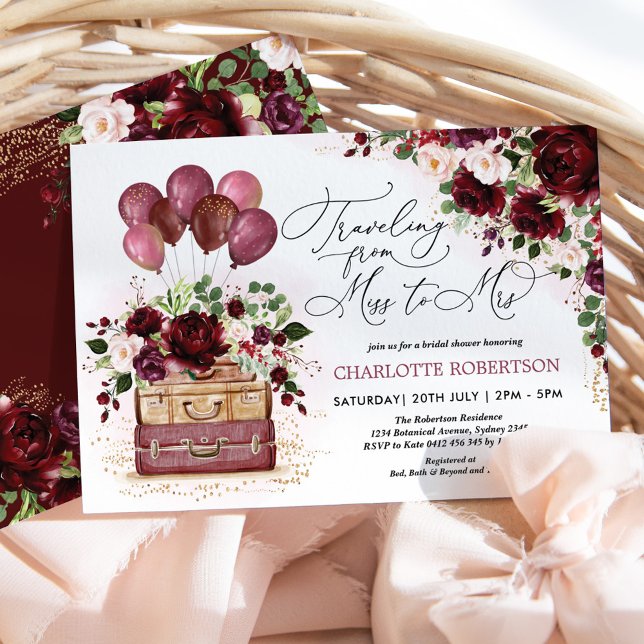 Invitation Mlle à Mme Fête des mariées Burgundy Floral Balloo (Créateur téléchargé)
