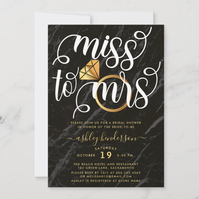 Invitation Mlle À Mme Fête des mariées en marbre noir (Devant)