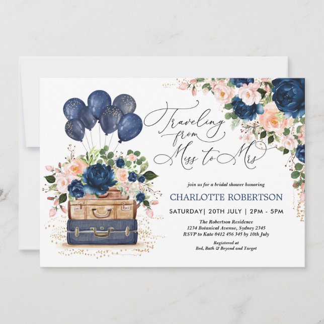 Invitation Mlle à Mme Fête des mariées Marine Blush Flowers (Devant)