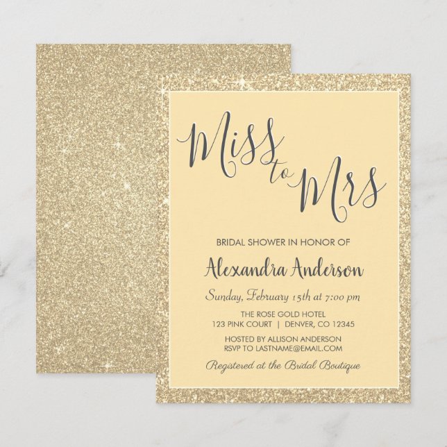 Invitation Mlle à Mme Gold Parties scintillant Fête des marié (Devant / Derrière)