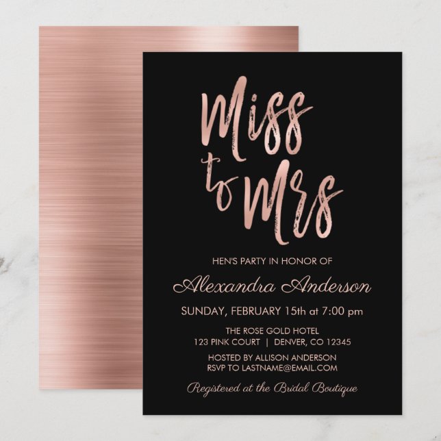 Invitation Mlle à Mme Pink Rose Rose Gold Hen's Party (Devant / Derrière)