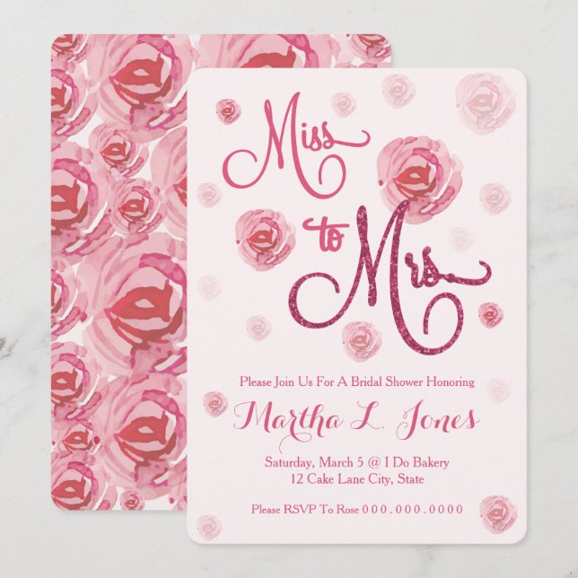Invitation Mlle à Mme roses nuptiales de rose d'invitation de (Devant / Derrière)