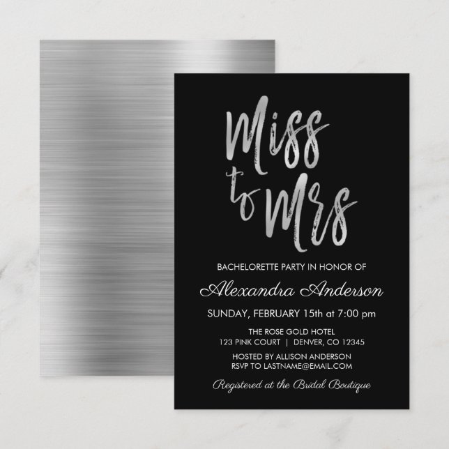 Invitation Mlle à Mme Silver Bachelorette Party (Devant / Derrière)