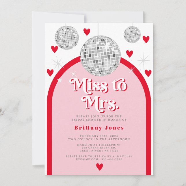 Invitation Mlle à Mme Valentines Fête des mariées Heart Disco (Devant)