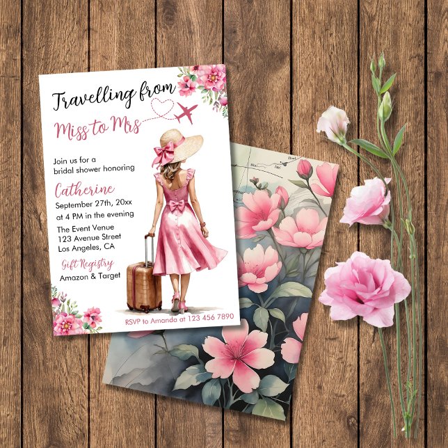 Invitation Mlle à Mme Voyage Robe à Nœud Rose Enterrement de  (Flat lay love is a journey travel map bridal shower travelling from miss to mrs invitation card)