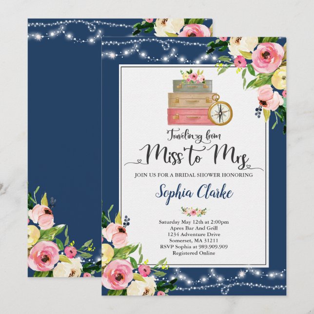 Invitation Mlle To Mme Floral d'invitation de Fête de la (Devant / Derrière)