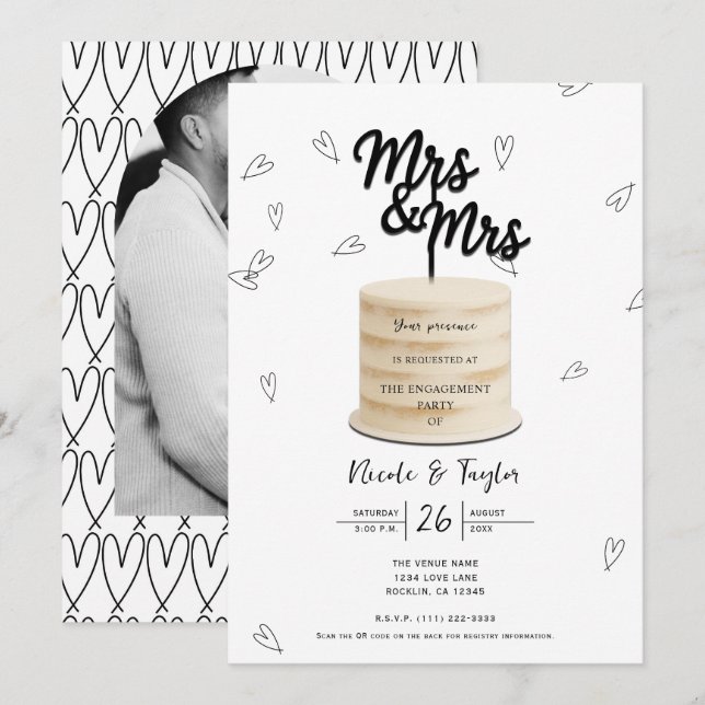 Invitation Mme & Mme Cake & Hearts Fiançailles noir blanc (Devant / Derrière)