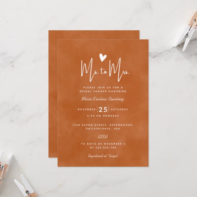 Invitation Mme moderne à Mme Fête des mariées Burnt Orange (Devant/Arrière en situation)