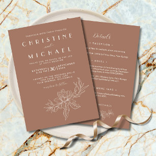 Invitation Mocha Brown Floral Élégant Tout en un BOHO Mariage