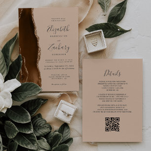 Invitation Mocha Brown Gold Agate Tam QR Code Mariage