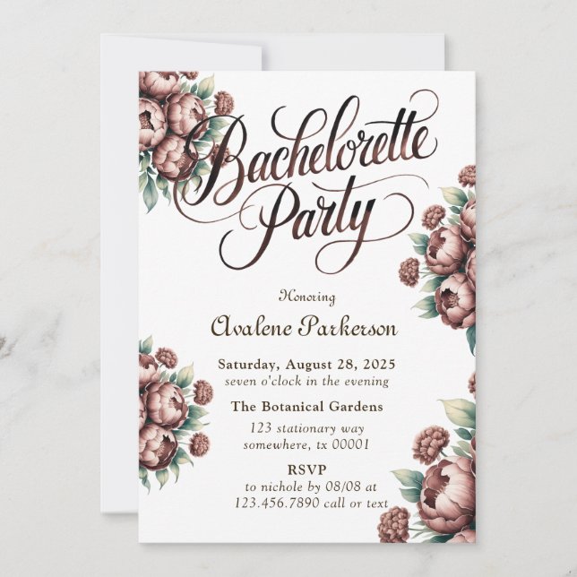 Invitation Mocha Brown Peony Bachelorette Party (Devant)