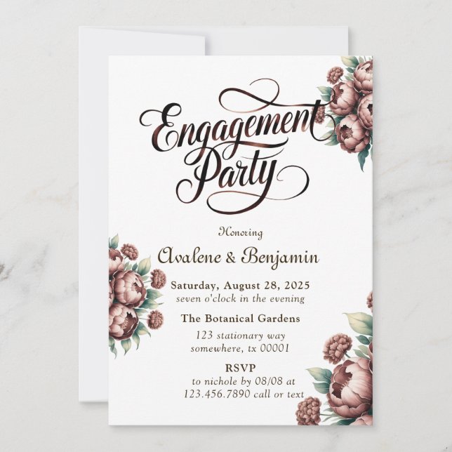 Invitation Mocha Brown Peony Engagement Party (Devant)