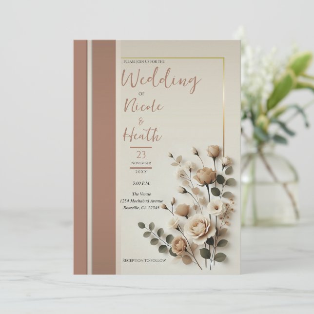 Invitation Mocha Mousse Mariage floral neutre (Debout devant)