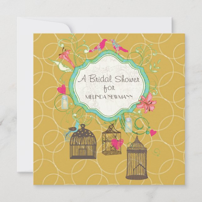 Invitation Mod Bird Cage Mason Jar Coeur Fête des mariées flo (Devant)