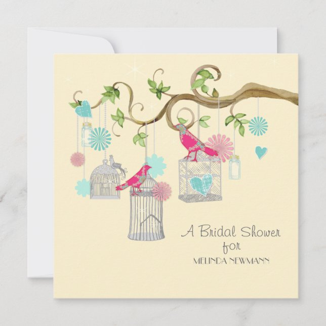 Invitation Mod Bird Cage Mason Jar Floral Swirl Tree Branche (Devant)