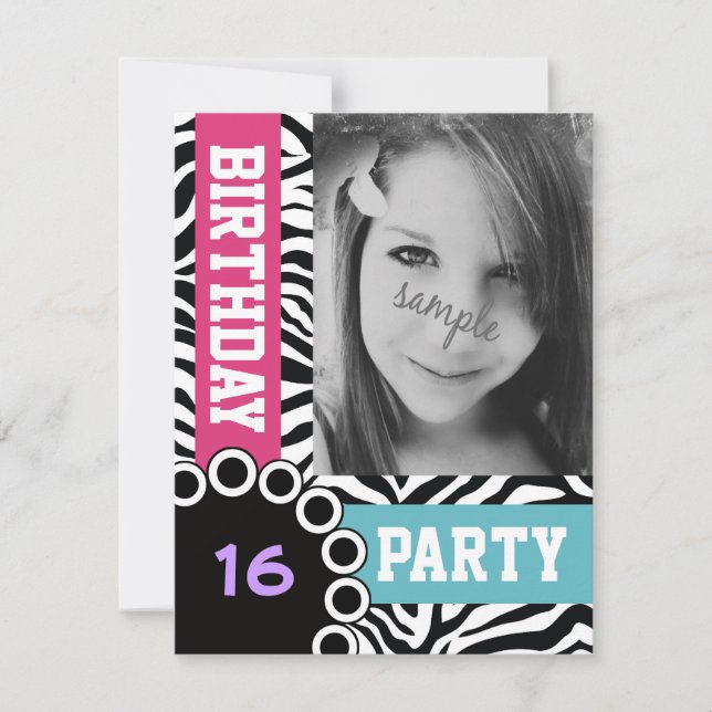 Invitation Mod Bright Zebra Imprimer fête d'anniversaire avec (Devant)