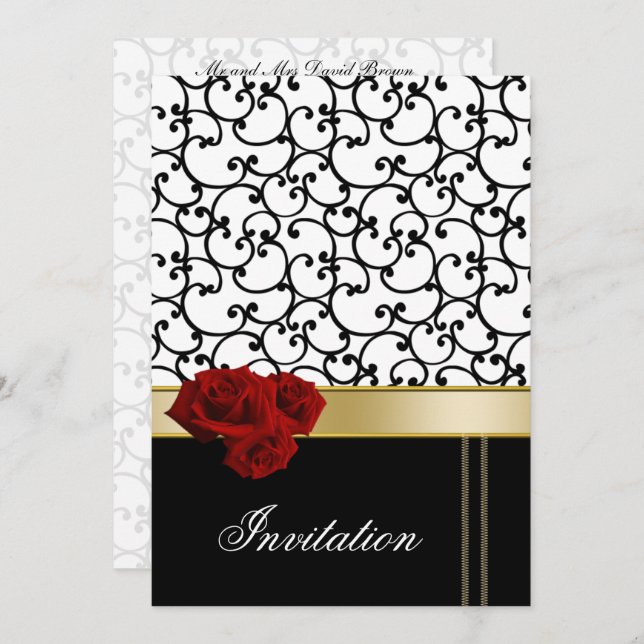 invitation mod roses rouges mariage damassé (Devant / Derrière)