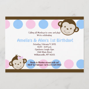 Invitation Mod Singe Twins Rose/Bleu 5x7 Anniversaire