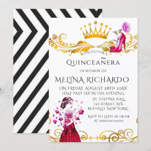 Invitation Mode moderne noire rayure rose Quinceanera Party