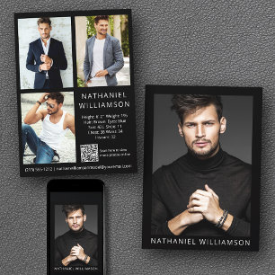 Invitation Modèle Actor QR Code 4 Photos Pro Comp Card