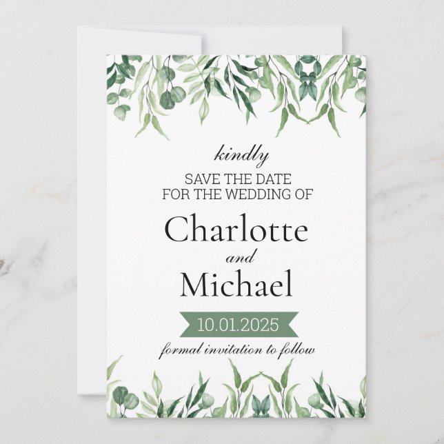 Invitation Modèle d'annonce de mariage Elegant Greenery Save  (Devant)