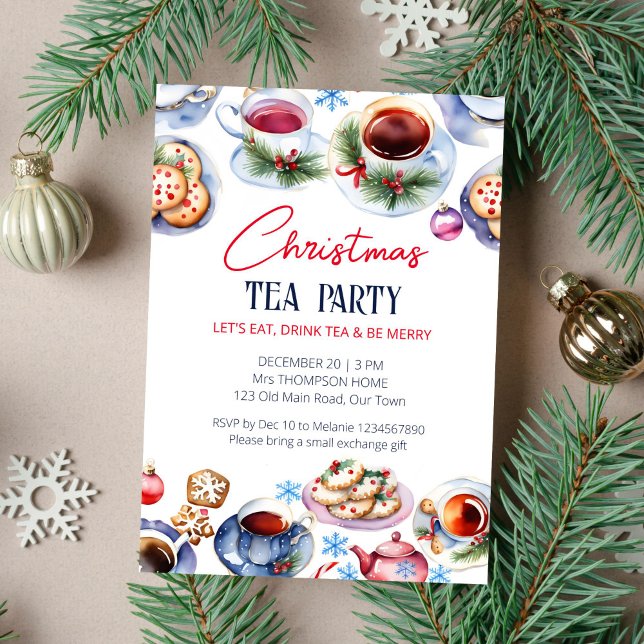 Invitation Modèle d'aquarelle de fête du thé de Noël (Christmas tea party template invitation instant download watercolor tea cups and sauces cookies snow)