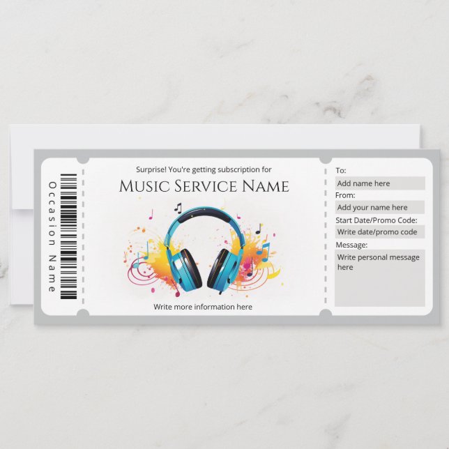 Invitation Modèle de certificat cadeau d'abonnement à la musi (Devant)