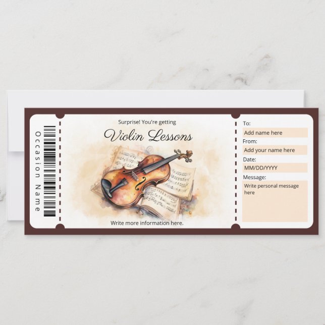 Invitation Modèle de certificat cadeau de leçons de violon su (Devant)