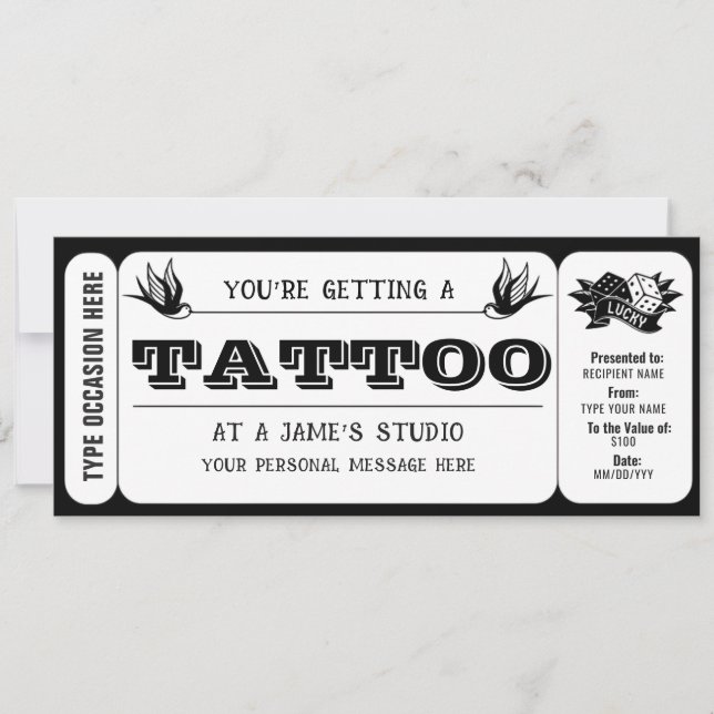 Invitation Modèle de certificat cadeau pour un tatouage perso (Devant)