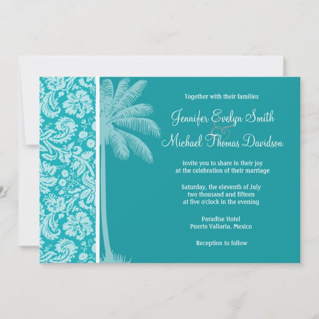 Invitation Modèle de damas bleu-vert d'été (Devant)