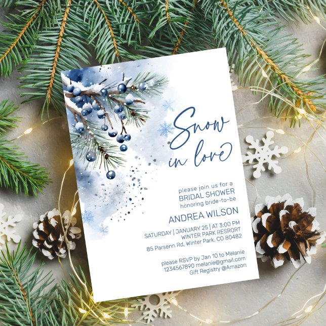 Invitation Modèle de douche nuptiale hivernale (Snow in love winter bridal shower editable template invitation digital download watercolor pines)