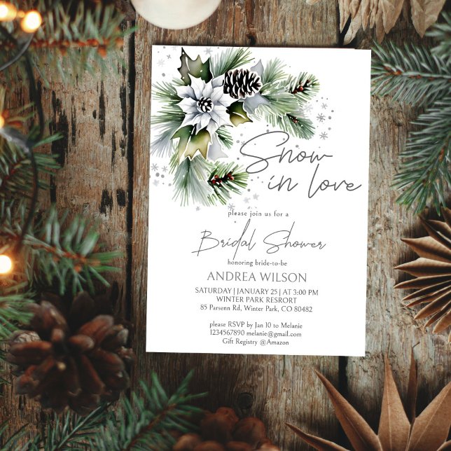 Invitation Modèle de douche nuptiale hivernale (Snow in love winter bridal shower template invitation digital download watercolor white poinsettia)