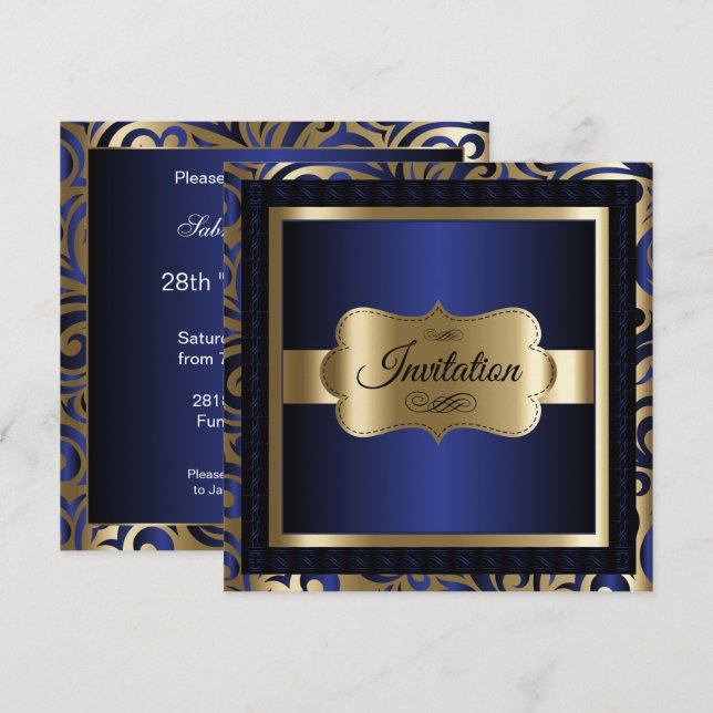 Invitation Modèle de fête avec motif tourbillonnant or et ble (Devant / Derrière)