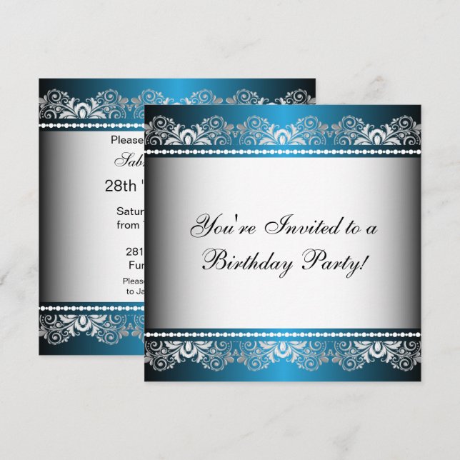 Invitation Modèle de fête Bleu et dentelle argentée (Devant / Derrière)