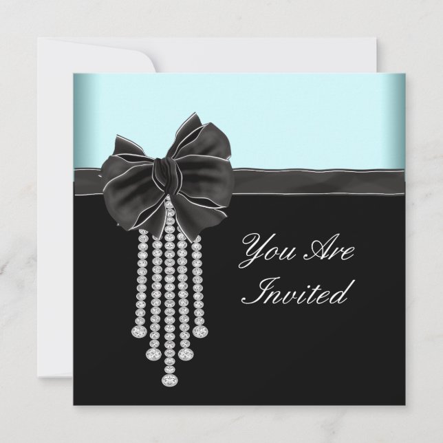 Invitation Modèle de fête bleu sarcelle noir avec nœud diaman (Devant)