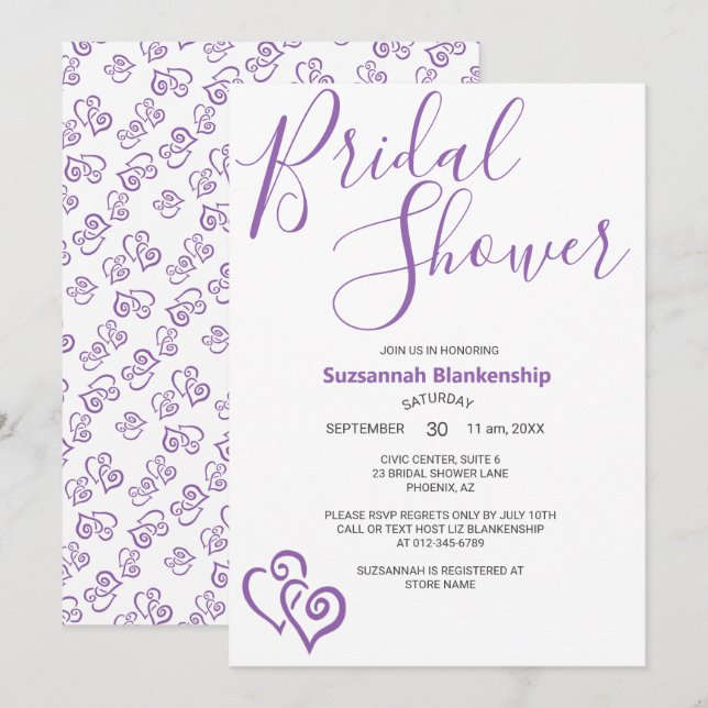 Invitation Modèle de Fête des mariées des Coeurs Liés Violets (Devant / Derrière)