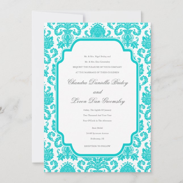 Invitation Modèle de frontière de Deep Aqua Mariages Damask (Devant)