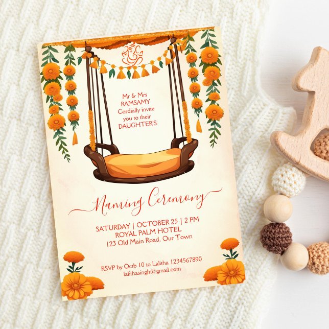 Invitation Modèle de la cérémonie indienne de baptême du berc (Baby Naming Cradle Indian Ceremony template invitation digital download marigold decor baby Namkaran)