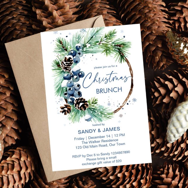 Invitation Modèle de la couronne de pin de Noël (Christmas brunch editable  template invitation digital download watercolor pine wreath pine cones )