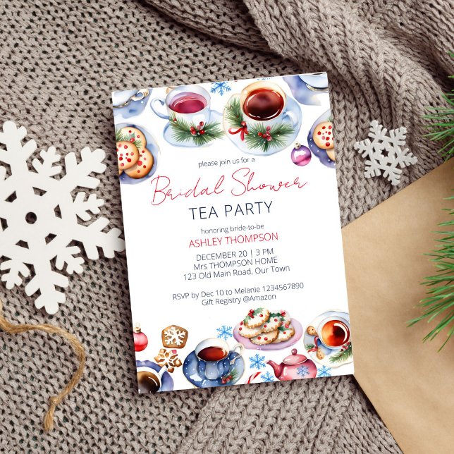 Invitation Modèle de la fête du thé de Noël (Christmas tea party bridal shower editable template invitation digital download watercolor tea cups)