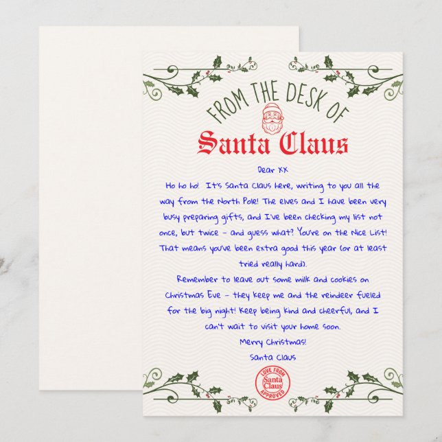 Invitation Modèle de lettre au Père Noël éditable imprimable (Devant / Derrière)