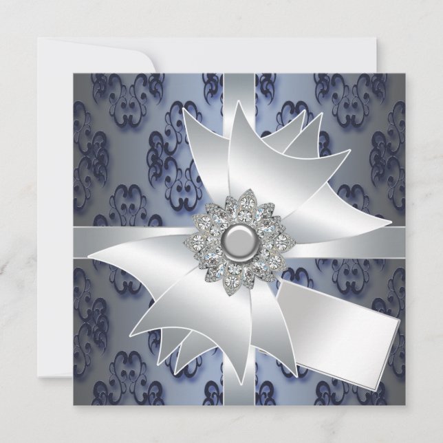 Invitation Modèle de l'invitation de la partie Blue Damask de (Devant)