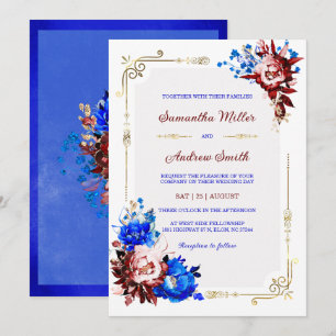Invitation Modèle de mariage bleu royal et burgundy