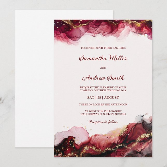 Invitation Modèle de Mariage de Bourgogne et d'or modifiable (Devant / Derrière)