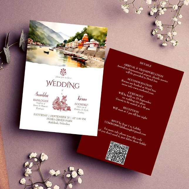 Invitation Modèle de mariage de destination indienne Rishikes (Rishikesh Indian destination wedding editable template invitation digital download modern watercolor)