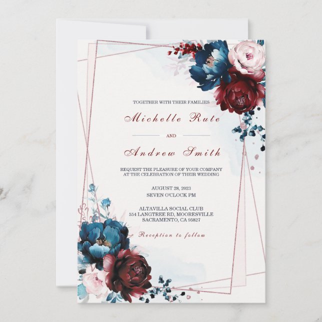 Invitation Modèle de Mariage d'or Rose et bleu marine (Devant)