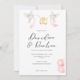Invitation Modèle de mariage élégant avec anneau et colombe