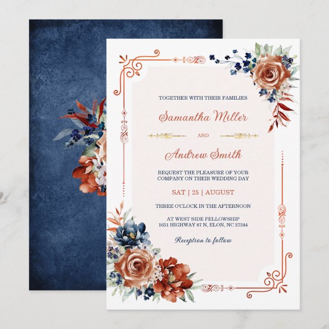 Invitation Modèle de mariage or bleu marine et orange brûlé (Devant / Derrière)