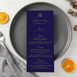 Invitation Modèle de menu de mariage bleu marine et or élégan