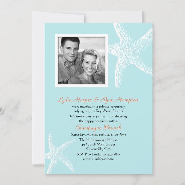 Invitation Modèle de photo d'étoile de mer bleu clair, récept (Devant)